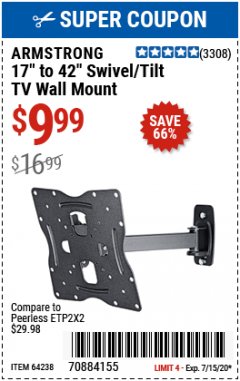 Harbor Freight Coupon ARMSTRONG 17 IN. TO 42 IN. SWIVEL/TILT TV WALL MOUNT Lot No. 64238 Expired: 7/31/20 - $9.99