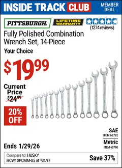 Harbor Freight ITC Coupon PITTSBURGH FULLY POLISHED METRIC COMBINATION WRENCH SET, 14-PIECE Lot No. 68790 Dates Valid: 12/31/69 - 1/29/26 - $19.99