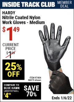 Harbor Freight ITC Coupon HARDY NITRILE-DIPPED WORK GLOVES Lot No. 66374/66375/97404/66376/97405 Expired: 1/6/22 - $1.49
