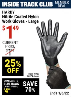 Harbor Freight ITC Coupon HARDY NITRILE-DIPPED WORK GLOVES Lot No. 66374/66375/97404/66376/97405 Expired: 1/6/22 - $1.49