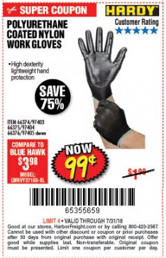 Harbor Freight Coupon HARDY NITRILE-DIPPED WORK GLOVES Lot No. 66374/66375/97404/66376/97405 Expired: 7/31/18 - $0.99