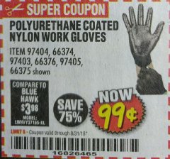 Harbor Freight Coupon HARDY NITRILE-DIPPED WORK GLOVES Lot No. 66374/66375/97404/66376/97405 Expired: 8/31/18 - $0.99