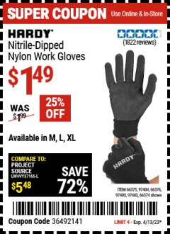 Harbor Freight Coupon HARDY NITRILE-DIPPED WORK GLOVES Lot No. 66374/66375/97404/66376/97405 Expired: 4/13/23 - $1.49