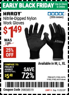Harbor Freight Coupon HARDY NITRILE-DIPPED WORK GLOVES Lot No. 66374/66375/97404/66376/97405 Expired: 11/22/23 - $1.49