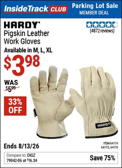 Harbor Freight ITC Coupon HARDY PIGSKIN LEATHER WORK GLOVES Lot No. 64172/64173/57387/64174/57386 Expired: 8/13/26 - $3.98