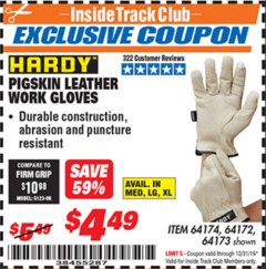 Harbor Freight ITC Coupon HARDY PIGSKIN LEATHER WORK GLOVES Lot No. 64172/64173/57387/64174/57386 Expired: 12/31/19 - $4.49