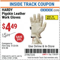 Harbor Freight ITC Coupon HARDY PIGSKIN LEATHER WORK GLOVES Lot No. 64172/64173/57387/64174/57386 Expired: 7/28/20 - $4.49
