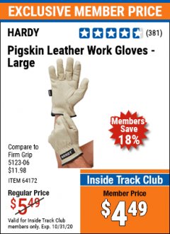 Harbor Freight ITC Coupon HARDY PIGSKIN LEATHER WORK GLOVES Lot No. 64172/64173/57387/64174/57386 Expired: 10/31/20 - $4.49