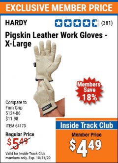 Harbor Freight ITC Coupon HARDY PIGSKIN LEATHER WORK GLOVES Lot No. 64172/64173/57387/64174/57386 Expired: 10/31/20 - $4.49