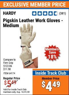 Harbor Freight ITC Coupon HARDY PIGSKIN LEATHER WORK GLOVES Lot No. 64172/64173/57387/64174/57386 Expired: 10/31/20 - $4.49