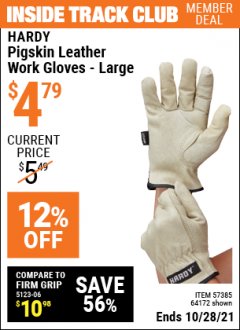Harbor Freight ITC Coupon HARDY PIGSKIN LEATHER WORK GLOVES Lot No. 64172/64173/57387/64174/57386 Expired: 10/28/21 - $4.79