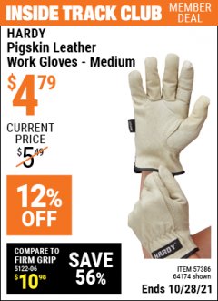 Harbor Freight ITC Coupon HARDY PIGSKIN LEATHER WORK GLOVES Lot No. 64172/64173/57387/64174/57386 Expired: 10/28/21 - $4.79