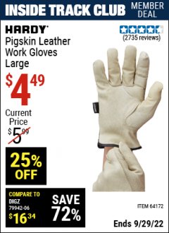 Harbor Freight ITC Coupon HARDY PIGSKIN LEATHER WORK GLOVES Lot No. 64172/64173/57387/64174/57386 Expired: 9/29/22 - $4.49