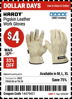 Harbor Freight Coupon HARDY PIGSKIN LEATHER WORK GLOVES Lot No. 64172/64173/57387/64174/57386 Valid Thru: 9/23/26 - $4
