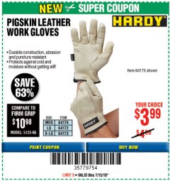 Harbor Freight Coupon HARDY PIGSKIN LEATHER WORK GLOVES Lot No. 64172/64173/57387/64174/57386 Expired: 7/15/18 - $3.99
