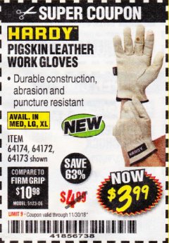 Harbor Freight Coupon HARDY PIGSKIN LEATHER WORK GLOVES Lot No. 64172/64173/57387/64174/57386 Expired: 11/30/18 - $3.99