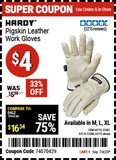 Harbor Freight Coupon HARDY PIGSKIN LEATHER WORK GLOVES Lot No. 64172/64173/57387/64174/57386 Expired: 7/4/23 - $4