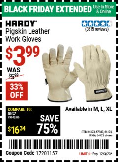 Harbor Freight Coupon HARDY PIGSKIN LEATHER WORK GLOVES Lot No. 64172/64173/57387/64174/57386 Expired: 12/3/23 - $3.99