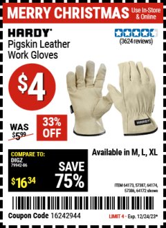 Harbor Freight Coupon HARDY PIGSKIN LEATHER WORK GLOVES Lot No. 64172/64173/57387/64174/57386 Expired: 12/24/23 - $4
