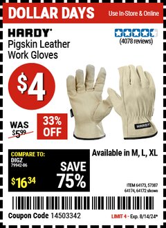 Harbor Freight Coupon HARDY PIGSKIN LEATHER WORK GLOVES Lot No. 64172/64173/57387/64174/57386 Expired: 8/14/24 - $4