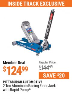 Harbor Freight ITC Coupon PITTSBURGH 2 TON LOW-PROFILE ALUMINUM RACING FLOOR JACK WITH RAPID PUMP Lot No. 64542 Expired: 7/1/21 - $124.99