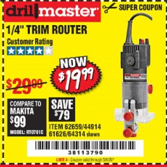 Harbor Freight Coupon DRILL MASTER 2.4 AMP TRIM ROUTER Lot No. 62659/44914/61626/64314 Expired: 6/30/20 - $19.99