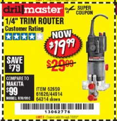 Harbor Freight Coupon DRILL MASTER 2.4 AMP TRIM ROUTER Lot No. 62659/44914/61626/64314 Expired: 7/2/20 - $19.99
