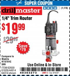 Harbor Freight Coupon DRILL MASTER 2.4 AMP TRIM ROUTER Lot No. 62659/44914/61626/64314 Expired: 8/16/20 - $19.99