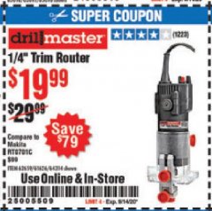 Harbor Freight Coupon DRILL MASTER 2.4 AMP TRIM ROUTER Lot No. 62659/44914/61626/64314 Expired: 9/14/20 - $19.99