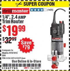Harbor Freight Coupon DRILL MASTER 2.4 AMP TRIM ROUTER Lot No. 62659/44914/61626/64314 Expired: 3/23/21 - $19.99