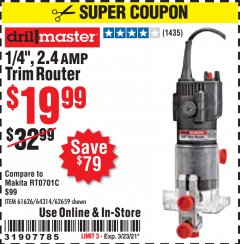 Harbor Freight Coupon DRILL MASTER 2.4 AMP TRIM ROUTER Lot No. 62659/44914/61626/64314 Expired: 3/23/21 - $19.99