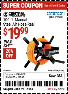 Harbor Freight Coupon CENTRAL PNEUMATIC 100 FT. MANUAL STEEL AIR HOSE REEL Lot No. 63861 Valid Thru: 7/5/26 - $19.99