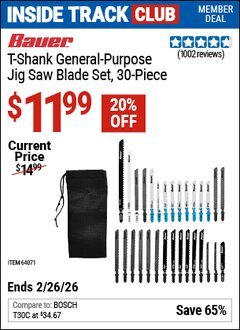 Harbor Freight ITC Coupon BAUER T-SHANK GENERAL-PURPOSE JIG SAW BLADE SET, 30-PIECE Lot No. 64071 Expired: 2/26/26 - $11.99