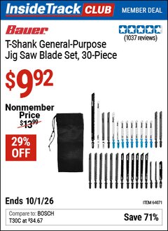 Harbor Freight Coupon BAUER T-SHANK GENERAL-PURPOSE JIG SAW BLADE SET, 30-PIECE Lot No. 64071 Valid: 12/31/69 - 10/1/26 - $9.92