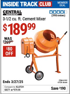 Harbor Freight ITC Coupon CENTRAL MACHINERY 3-1/2 CU. FT. CEMENT MIXER Lot No. 67536/61932 Expired: 3/27/25 - $189.99