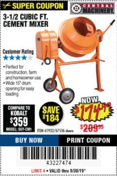 Harbor Freight Coupon CENTRAL MACHINERY 3-1/2 CU. FT. CEMENT MIXER Lot No. 67536/61932 Expired: 9/30/19 - $174.99