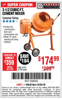 Harbor Freight Coupon CENTRAL MACHINERY 3-1/2 CU. FT. CEMENT MIXER Lot No. 67536/61932 Expired: 12/22/19 - $174.99