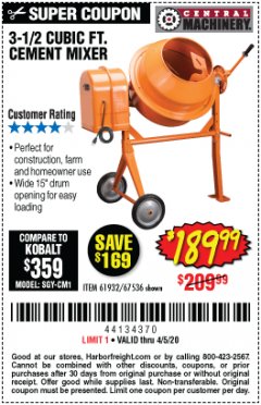 Harbor Freight Coupon CENTRAL MACHINERY 3-1/2 CU. FT. CEMENT MIXER Lot No. 67536/61932 Expired: 6/30/20 - $189.99