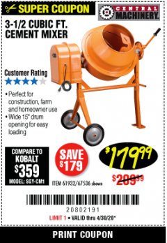Harbor Freight Coupon CENTRAL MACHINERY 3-1/2 CU. FT. CEMENT MIXER Lot No. 67536/61932 Expired: 6/30/20 - $179.99