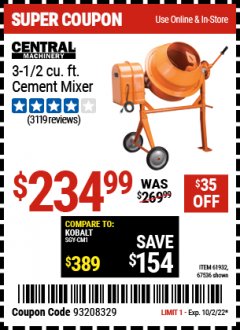 Harbor Freight Coupon CENTRAL MACHINERY 3-1/2 CU. FT. CEMENT MIXER Lot No. 67536/61932 Expired: 10/2/22 - $234.99
