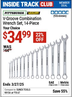 Harbor Freight ITC Coupon PITTSBURGH V-GROOVE COMBINATION WRENCH SET, 14-PIECE Lot No. 61399/63063 Expired: 3/27/25 - $34.99