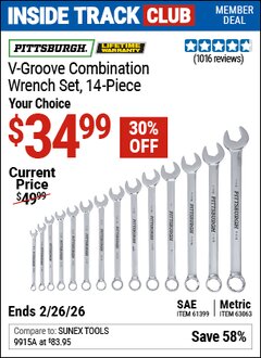 Harbor Freight ITC Coupon PITTSBURGH V-GROOVE COMBINATION WRENCH SET, 14-PIECE Lot No. 61399/63063 Expired: 2/26/26 - $34.99