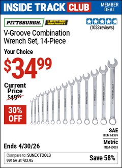 Harbor Freight ITC Coupon PITTSBURGH V-GROOVE COMBINATION WRENCH SET, 14-PIECE Lot No. 61399/63063 Expired: 4/30/26 - $34.99