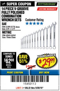 Harbor Freight Coupon PITTSBURGH V-GROOVE COMBINATION WRENCH SET, 14-PIECE Lot No. 61399/63063 Expired: 9/30/18 - $29.99