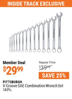 Harbor Freight Coupon PITTSBURGH V-GROOVE COMBINATION WRENCH SET, 14-PIECE Lot No. 61399/63063 Expired: 7/1/21 - $29.99
