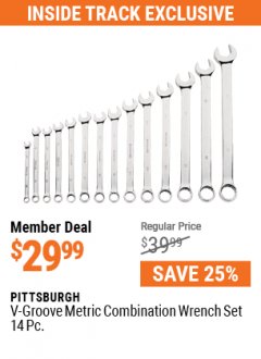 Harbor Freight Coupon PITTSBURGH V-GROOVE COMBINATION WRENCH SET, 14-PIECE Lot No. 61399/63063 Expired: 7/1/21 - $29.99