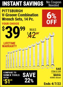 Harbor Freight Coupon PITTSBURGH V-GROOVE COMBINATION WRENCH SET, 14-PIECE Lot No. 61399/63063 Expired: 4/7/22 - $39.99