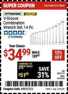 Harbor Freight Coupon PITTSBURGH V-GROOVE COMBINATION WRENCH SET, 14-PIECE Lot No. 61399/63063 Expired: 7/31/22 - $34.99