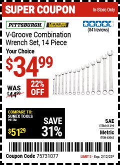 Harbor Freight Coupon PITTSBURGH V-GROOVE COMBINATION WRENCH SET, 14-PIECE Lot No. 61399/63063 Expired: 2/12/23 - $34.99