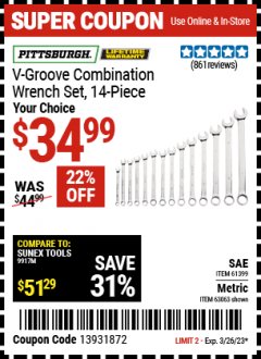 Harbor Freight Coupon PITTSBURGH V-GROOVE COMBINATION WRENCH SET, 14-PIECE Lot No. 61399/63063 Expired: 3/26/23 - $34.99